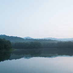 Beautiful nature and fog on the reservoir at Jedkod-Pongkonsao Natural Study in Saraburi Thailand