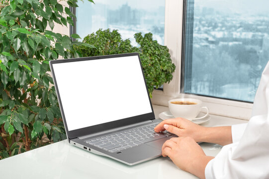 notebook laptop mockup image. blank screen white background for advertising text, hand woman using laptop contact business search information on desk at home office.