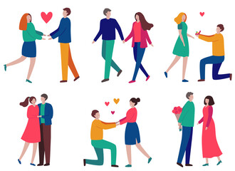 Vector set of happy cartoon couples in love. Lovers woman and man together, love and relationship. Couple is walking hugging. A man gives flowers, a ring, a heart. Flat isolated characters collection.