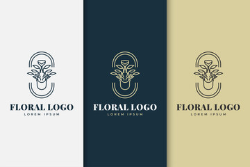 Simple Flower logo with line concept in vintage style