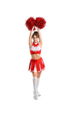 Beautiful young cheerleader on white background