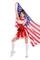 Beautiful young cheerleader with USA flag on white background