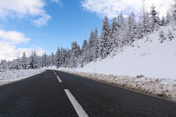 Clean road in winter time with trees covered with snow under a blue sky
