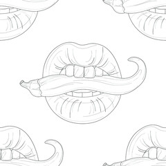 Realistic lips and hot pepper seamless pattern sketch template. Cartoon vector illustration in black and white for games, background, pattern, wallpaper, decor. Coloring paper, page, story book, print