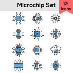 Flat Style Microchip Icon Set In Blue And White Color.