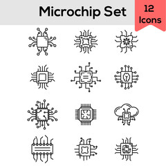 Black Line Art Illustration Of Microchip Icon Set.