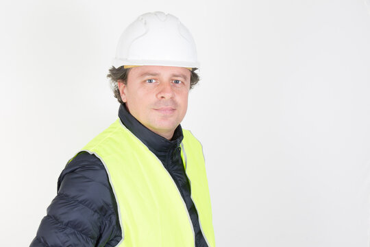 Handsome Man In White Background With Helmet Hard Hat In Engineering Concept Construction Site