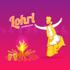Lohri Celebration Background With Punjabi Man Doing Bhangra Dance Illustration.