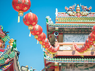 Sky blue Close to the Chinese New Year Asian cultural descent churches and temple Including red lanterns to decorate with Chinese write meaning good luck wealth money throughout the year as a greeting
