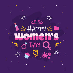 Happy Women's Day Font With Crown, Venus Sign, Diamond Ring, Lipstick, Stars And Flowers On Purple Background.