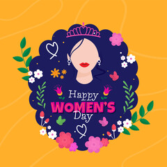 Happy Women's Day Concept With Faceless Female Wear Tiara, Flowers, Leaves Decorated On Blue And Yellow Background.