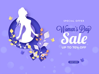 Women's Day Sale Poster Design With 70% Discount Offer, Silhouette Female And Leaves On Purple Paper Cut Venus Sign Background.