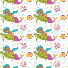 Fototapeta na wymiar Mermaid sea pattern with turtle and fish. Marine and ocean seamless pattern for kids.Vector flat modern graphics