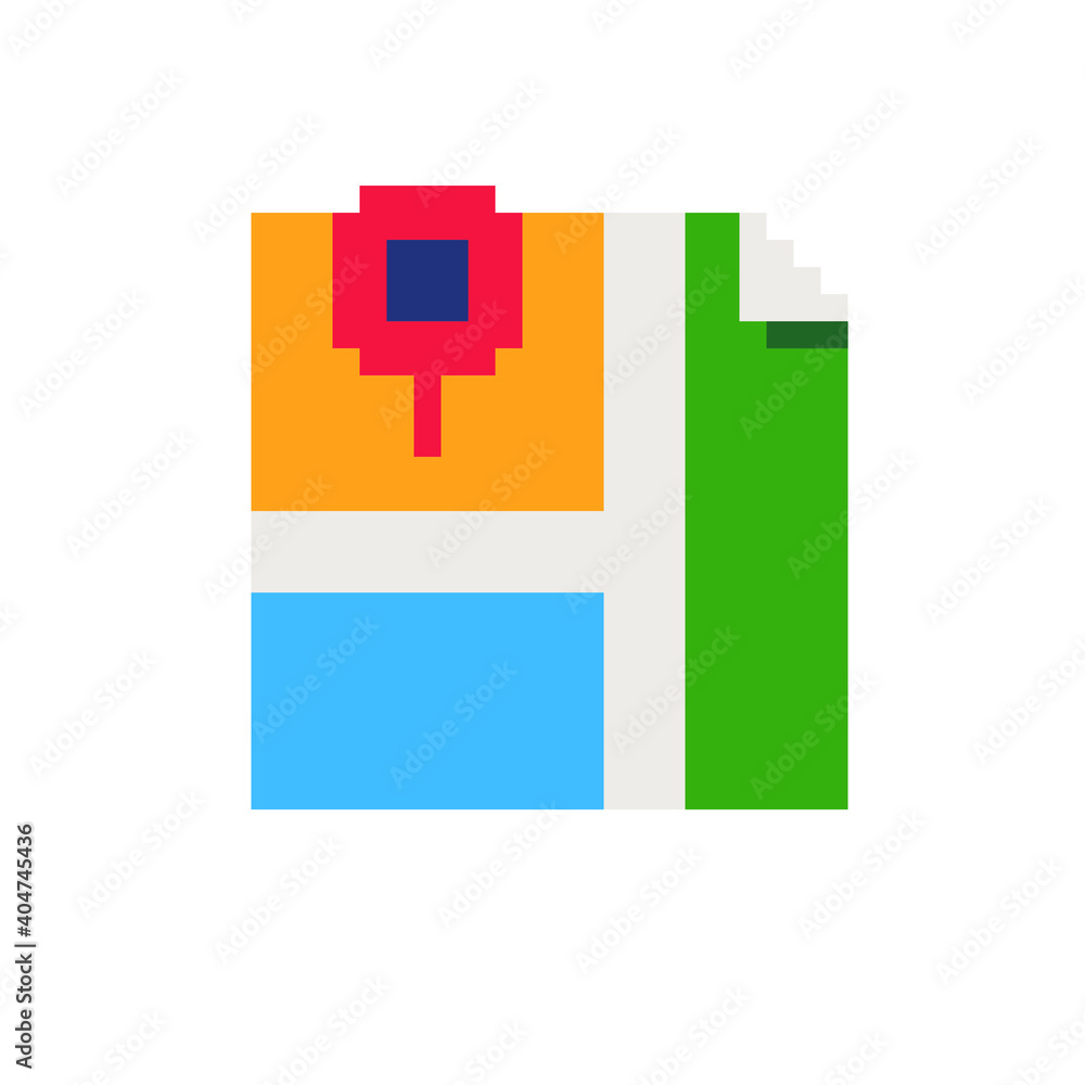 Poster map label application icon. location with pin. pixel art. flat style. web design, mobile app. 8-bit 