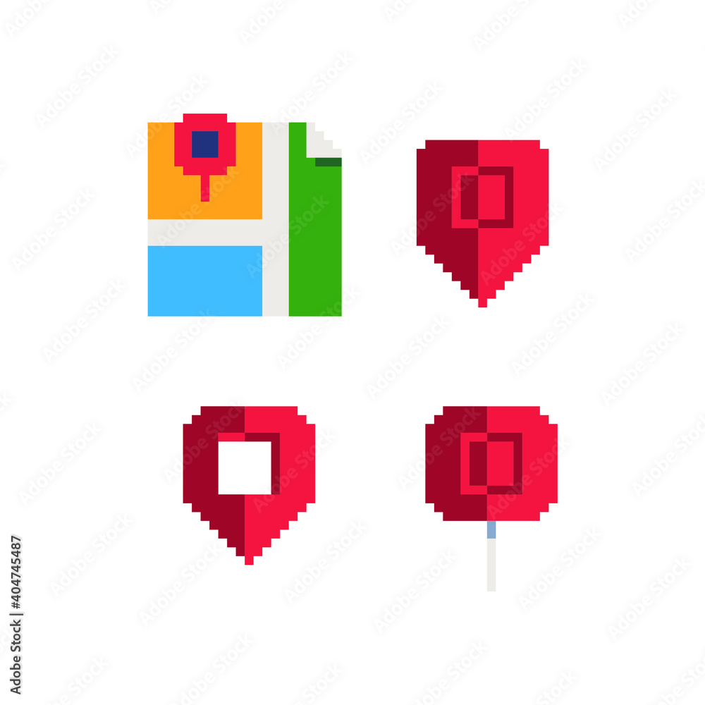 Poster map label application icon. location with pin. pixel art. flat style. web design, mobile app. 8-bit 