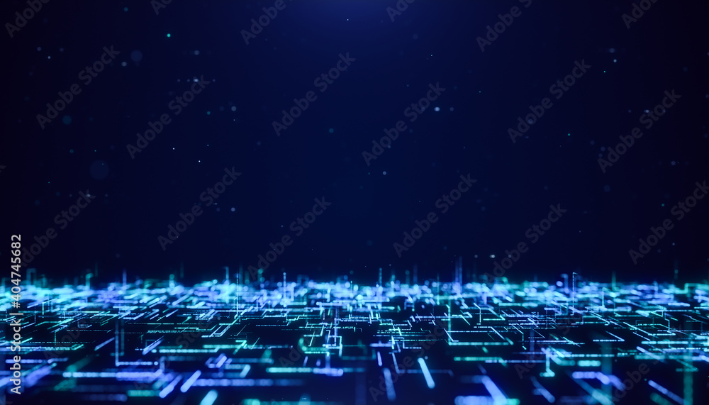 Poster abstract digital futuristic matrix particle flow background, flying through blue glowing neon big da