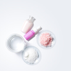 Beauty care cream, serum, himalayan pink salt, cetyl esters wax and alcohol. Chemicals for beauty...
