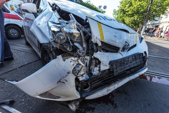 ODESSA, UKRAINE - July 11, 2016: Crash accident on the street with a police crew. Police car during the chase the offender lost control and created a major accident. Broken car in the collision