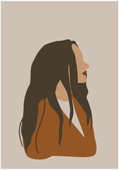 vector female portrait in flat style.The head of a European girl in profile. Portrait of a brunette woman.