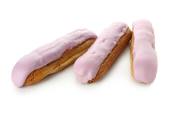 Delicious eclairs with custard isolated on white background