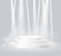 Cylinder podium scene, winner pedestal. White cylinder template for showroom podium scene with spotlight. Bright lighting with spotlights of the stage on grey background.