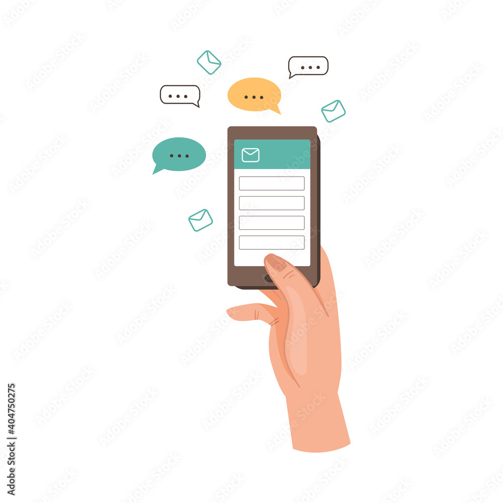 Poster human hand with smartphone sending email and text messaging in the internet vector illustration
