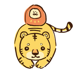 手描きのゆるい虎と上に乗る達磨