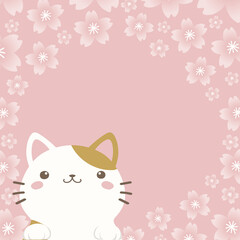 Spring background with a cute cat and cherry blossoms. Square banner element.