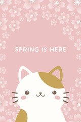 Spring background with a cute cat and cherry blossoms. Vertical rectangle banner element.