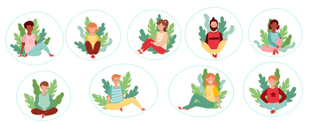 Fototapeta na wymiar People Characters Sitting on the Ground with Floral Leaves Behind Vector Illustration Set