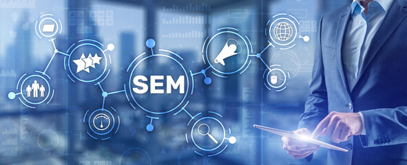 SEM Search Engine Optimization Marketing Ranking Traffic Website Technology Communication Concept.