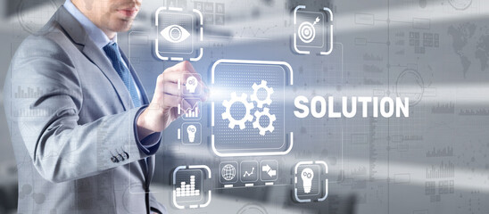 Solution. Businessman pressing on touch screen interface inscription Solutions. Business concept....
