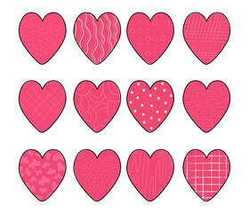 set of valentines day hearts doodles. 12 hearts of trend coloring. Hand drawn vector effect.