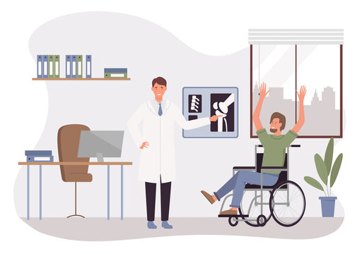Doctor examining disabled man in hospital vector illustration. Cartoon happy patient with disability sitting in wheelchair, glad to hear good health news about trauma, appointment with traumatologist