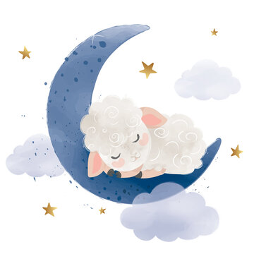 Cute little lamb sleeping on the moon, vector illustration, kids fashion artworks, baby graphics for wallpapers and prints.