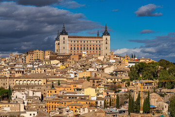 Naklejka premium Toledo, Spain. Old city with its Royal Palace over the Tagus River sinuosity