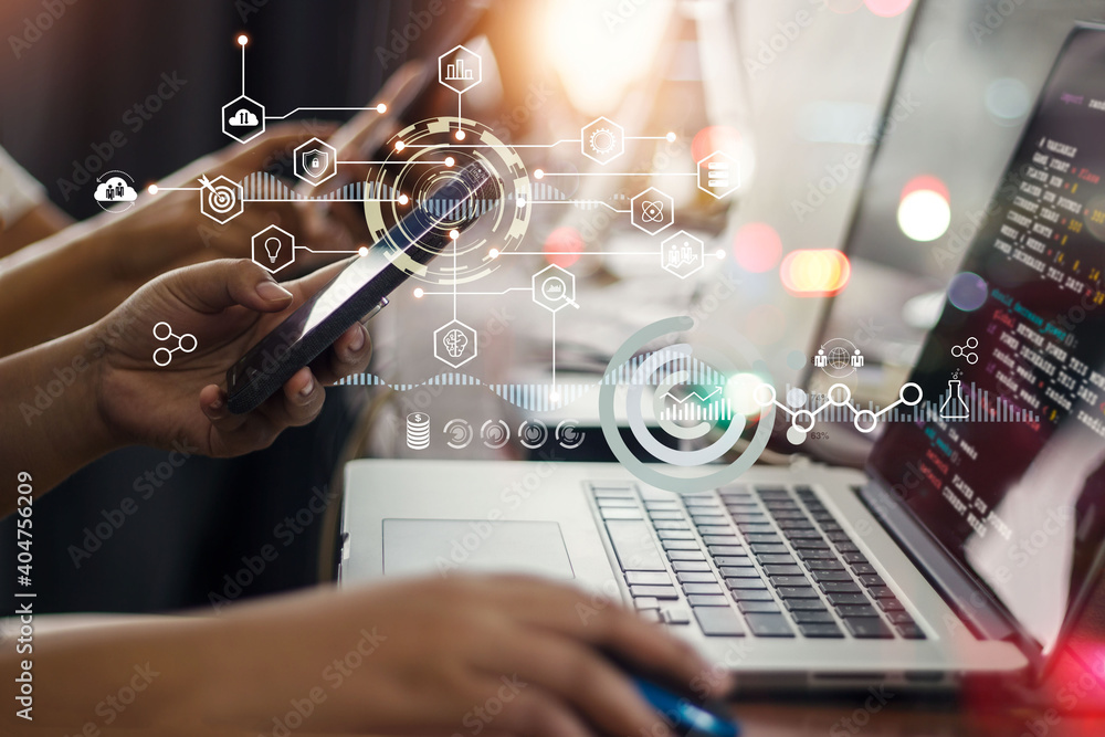 Leinwandbilder Data scientists. Team programmer using laptop analyzing and development at various information on futuristic virtual interface. Algorithm. Marketing and deep learning of artificial intelligence.