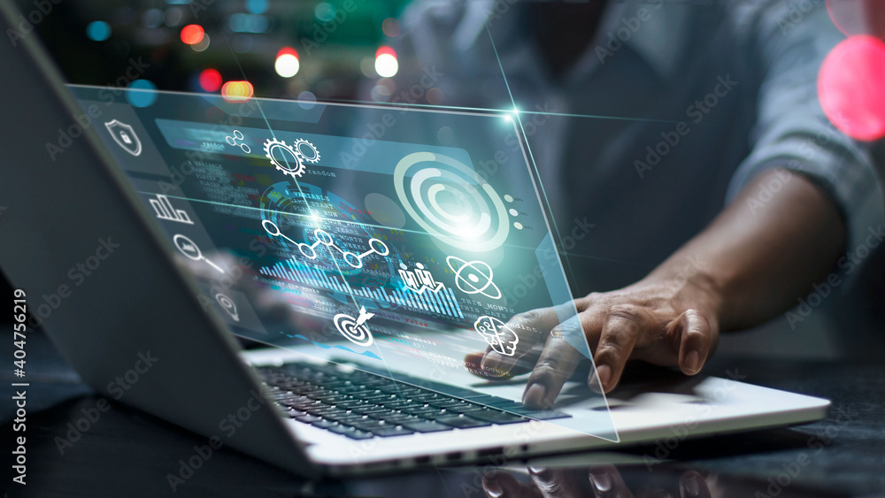 Fototapete Data scientists. Man programmer using laptop analyzing and development at various information on futuristic virtual interface screen. Algorithm. marketing and deep learning of artificial intelligence