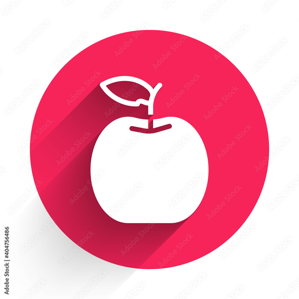 Poster white apple icon isolated with long shadow. fruit with leaf symbol. red circle button. vector.