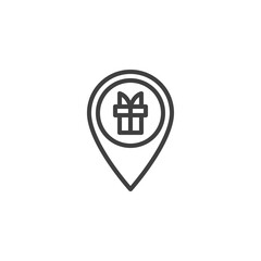 Obraz premium Gift store location line icon. linear style sign for mobile concept and web design. Map pin with gift box outline vector icon. Symbol, logo illustration. Vector graphics