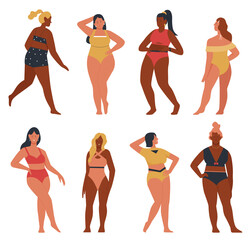 Bikini woman poses vector illustration set. Cartoon happy multinational plus size female characters in beach swimming suits standing and posing, body positive beauty diversity isolated on white