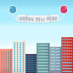 Buildings pixel art. City pixel art. Vector illustration. Happy new year.