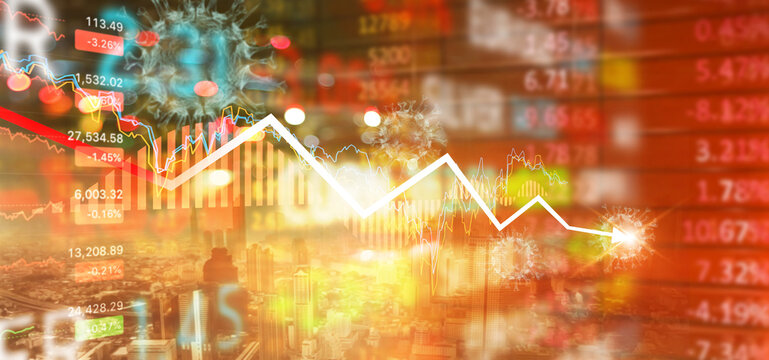 Abstract Stock market, Crash recession chart with falling on red board, Representing the stock market crash caused business and financial crisis by the coronavirus, Covid-19 - Powered by Adobe