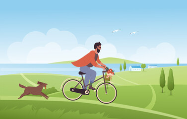 Man cycling in summer nature landscape vector illustration. Cartoon young active male character riding bicycle with flowers in basket, dog running after him. Summertime fun ride activity background