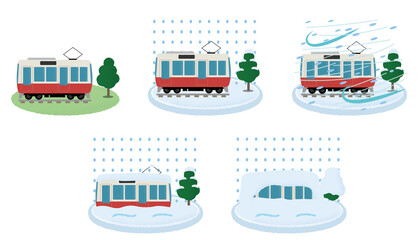 大雪の被害に遭う電車のベクターイラストセット