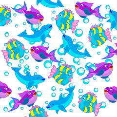 Seamless cartoon vector pattern. Fish, dolphins and bubbles.