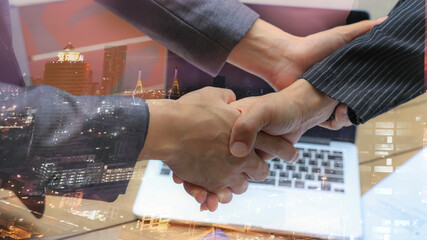 Double exposure of Businessman holding hands to take care and help each other.Business and investment Concept
