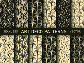 Set of vintage art deco geometrical with repeat elements patterns. Collection of seamless vector background. Luxury decorative ornamental wallpaper 