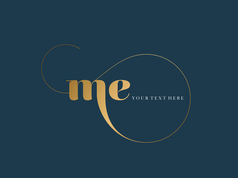 ME monogram logo.Abstract typographic wedding, beauty icon.Decorative luxury letter m and letter e.Lettering sign isolated on dark background.Alphabet initials.Gold lowercase characters.Swirl line.