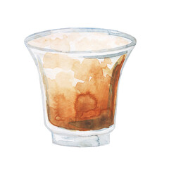 Watercolor drawing of a cup of coffee or tea. Image for the menu of restaurants and cafes. Coffee drink. A cup of black tea, a cup of coffee. Fragrant Americano, cappuccino.